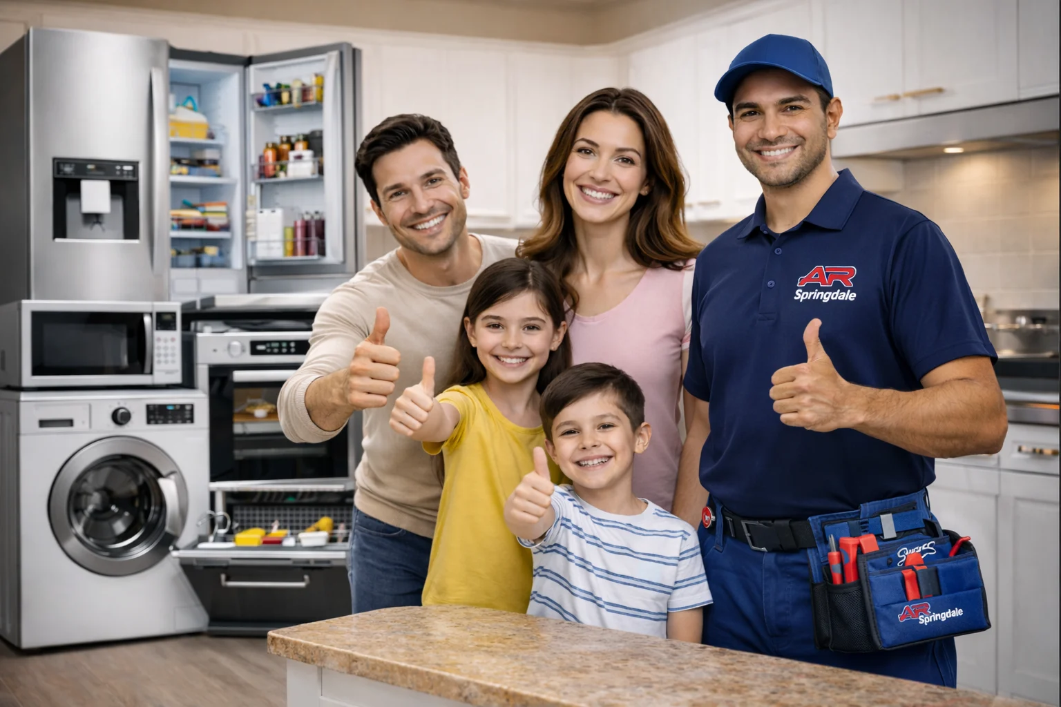 Family and technician in modern kitchen