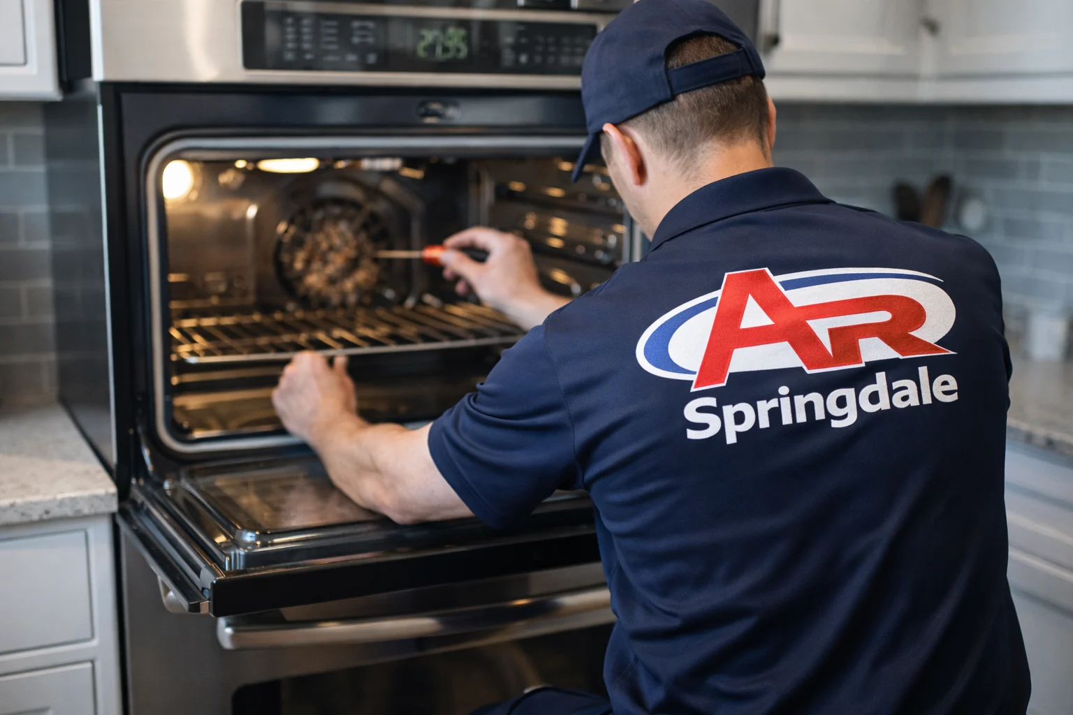Technician repairing oven in modern kitchen